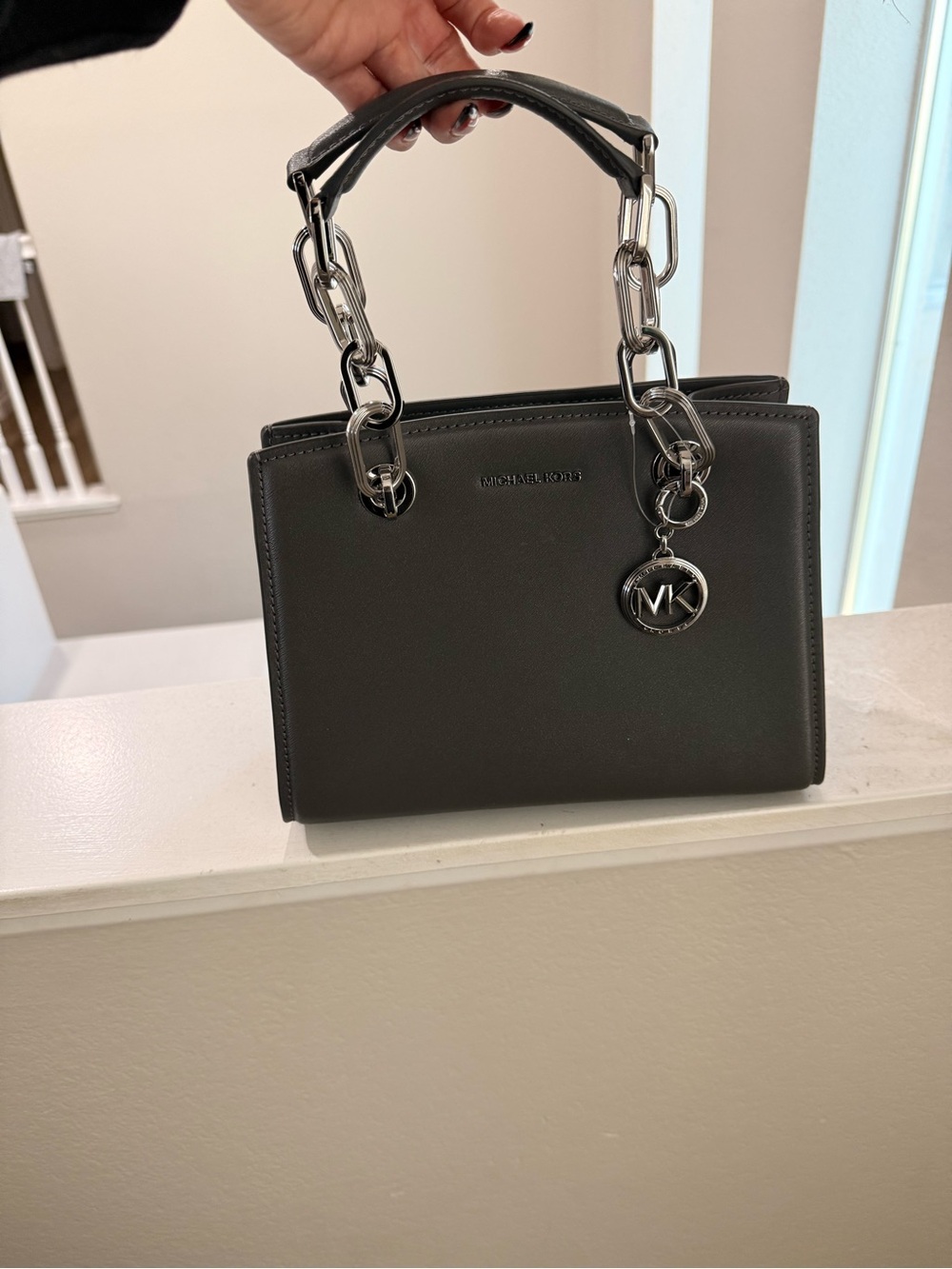 Michael Kors Black Leather Top-Handle Satchel with Silver Hardware